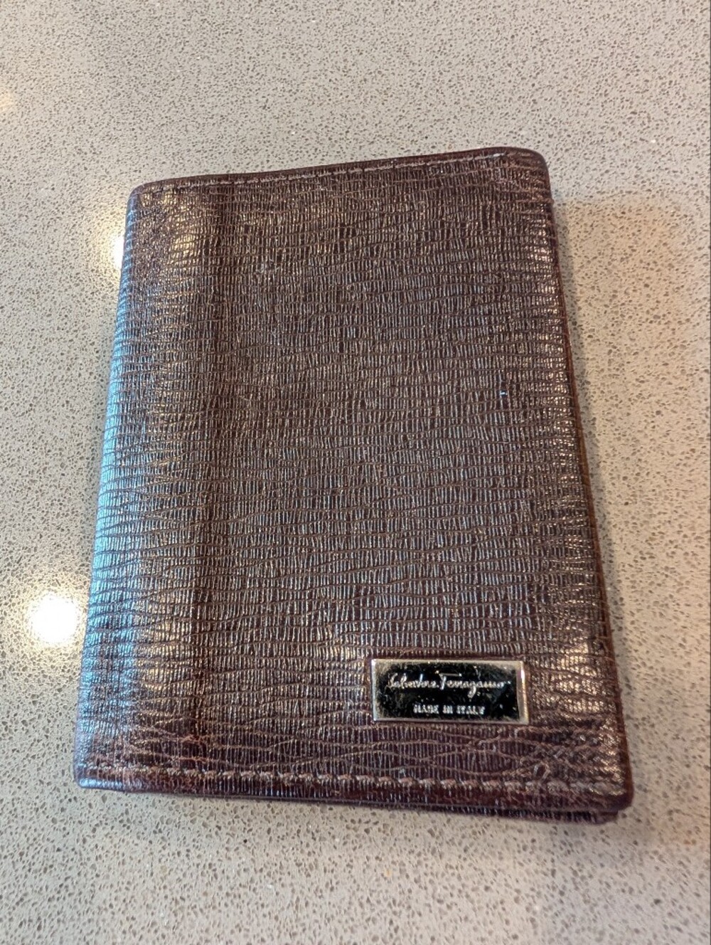 Salvatore Ferragamo Metallic Brown Textured Leather Passport Wallet